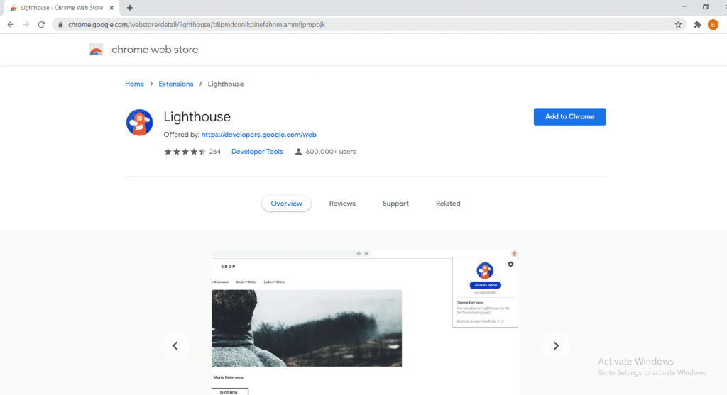 Screenshot of Google Chrome Web Store page showing the Lighthouse extension ready for installation.