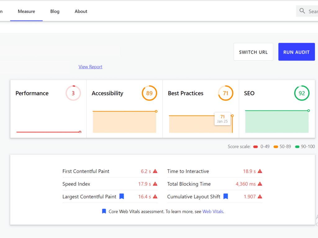 Google Lighthouse audit report with performance, accessibility, best practices, and SEO scores.