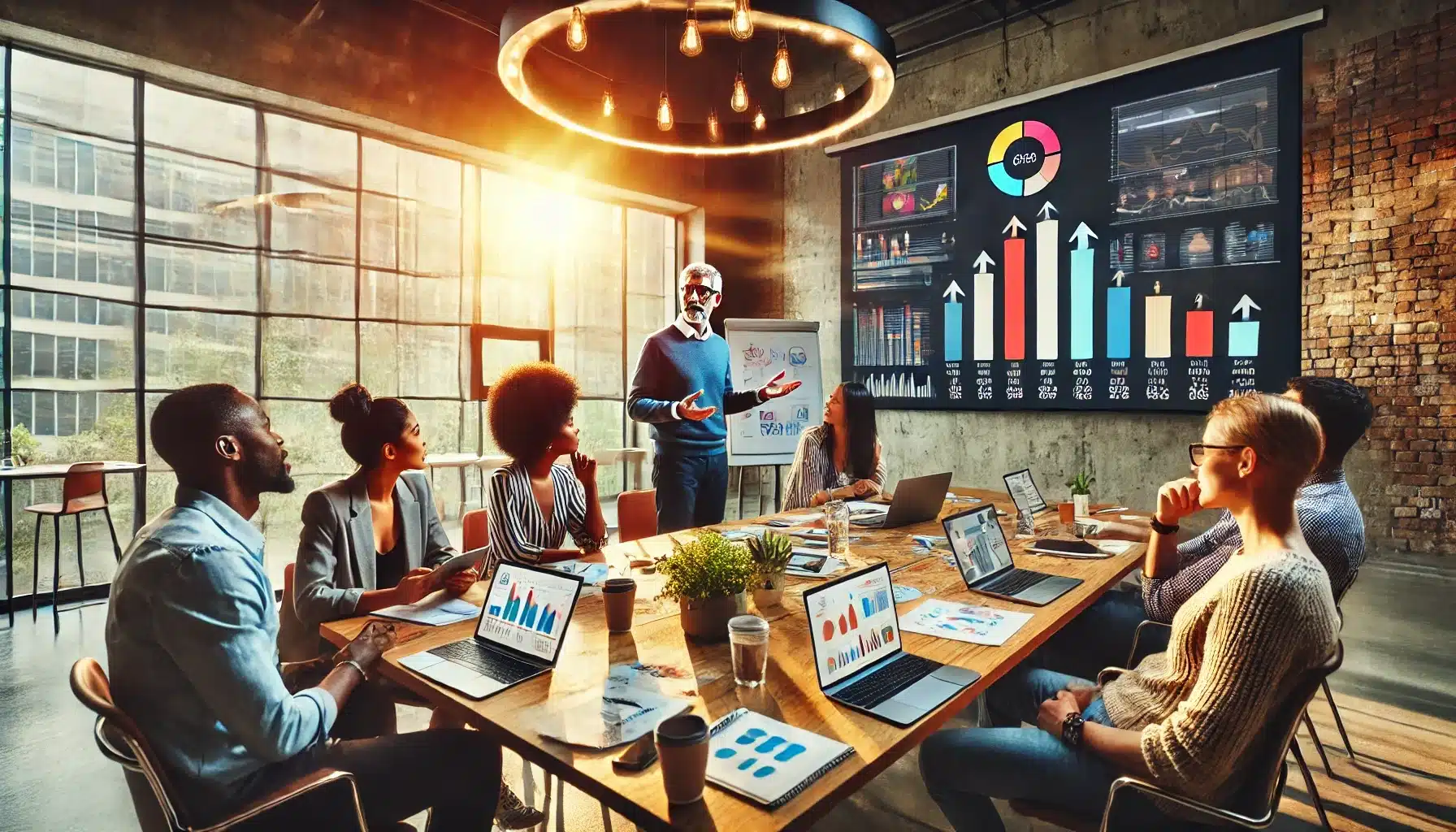 Team meeting with sales graphs displayed, discussing association management strategies.