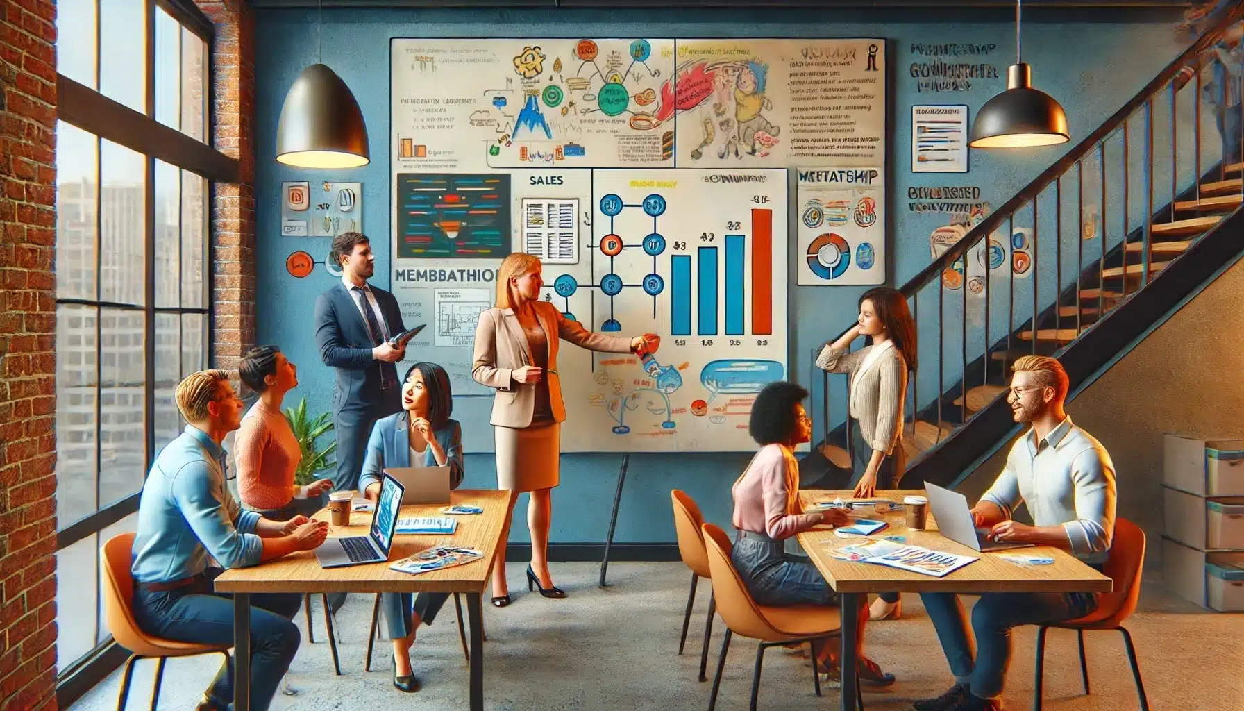 Collaborative team environment with charts discussing membership benefits.