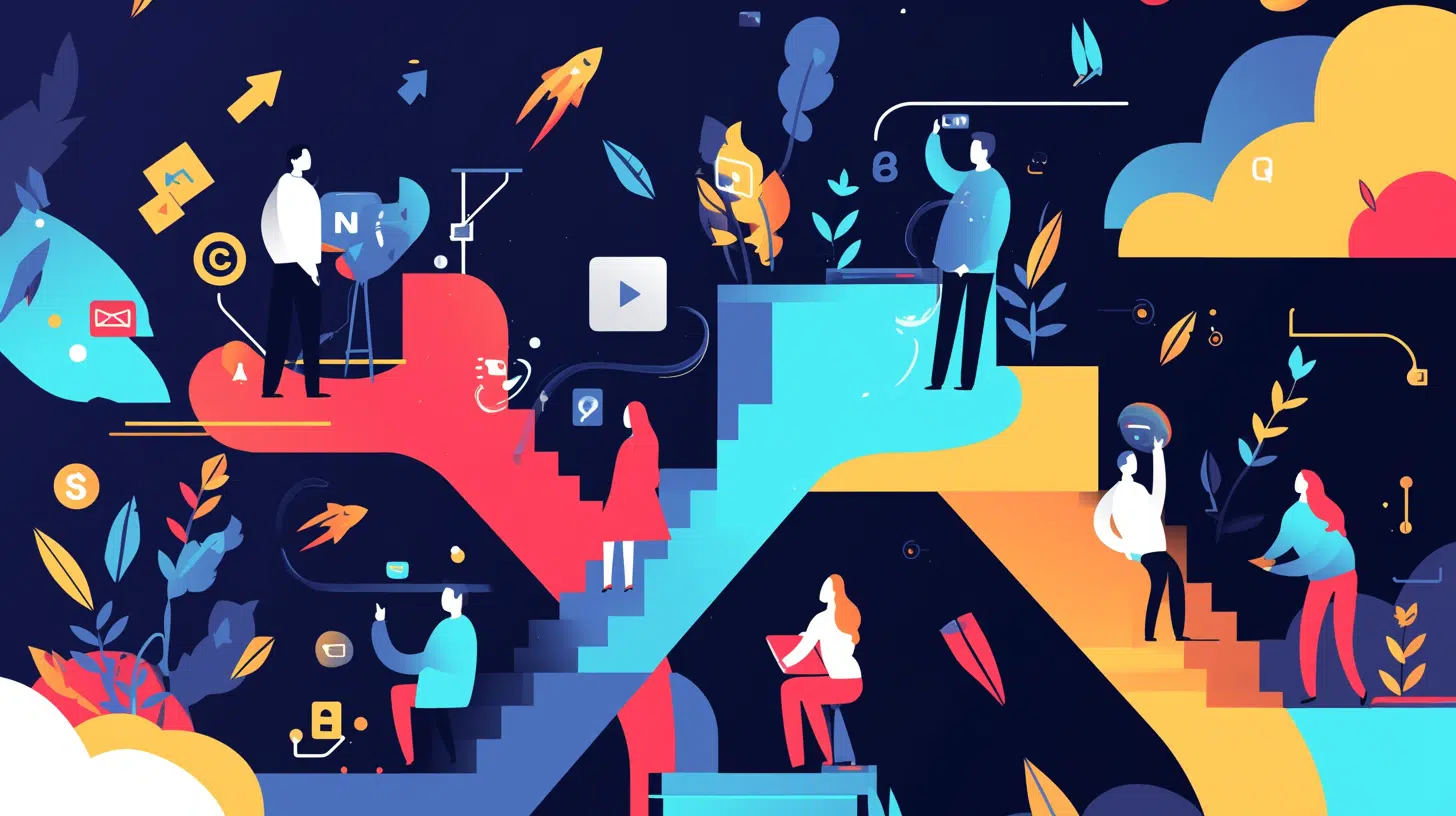People of different backgrounds are positioned on a staircase, with an array of icons symbolizing various themes around them|A gathering of people discussing and interacting with a display of social media icons, highlighting the importance of connectivity|Several people gathered at a table, sharing ideas and reading from various books in a collaborative setting.
