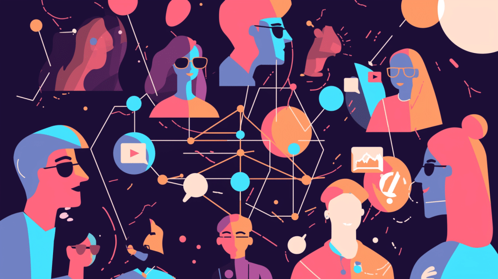 A gathering of people discussing and interacting with a display of social media icons, highlighting the importance of connectivity