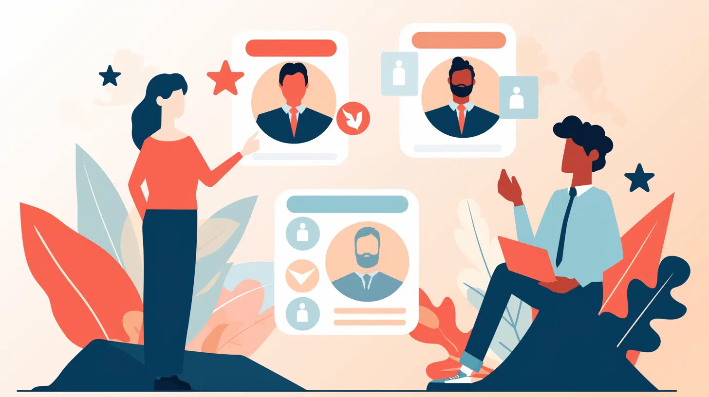 flat illustration of business owners comparing consultant profiles on floating screens with rating stars|flat illustration of business owners comparing consultant profiles on floating screens with rating stars|nitors to enhance productivity and communication